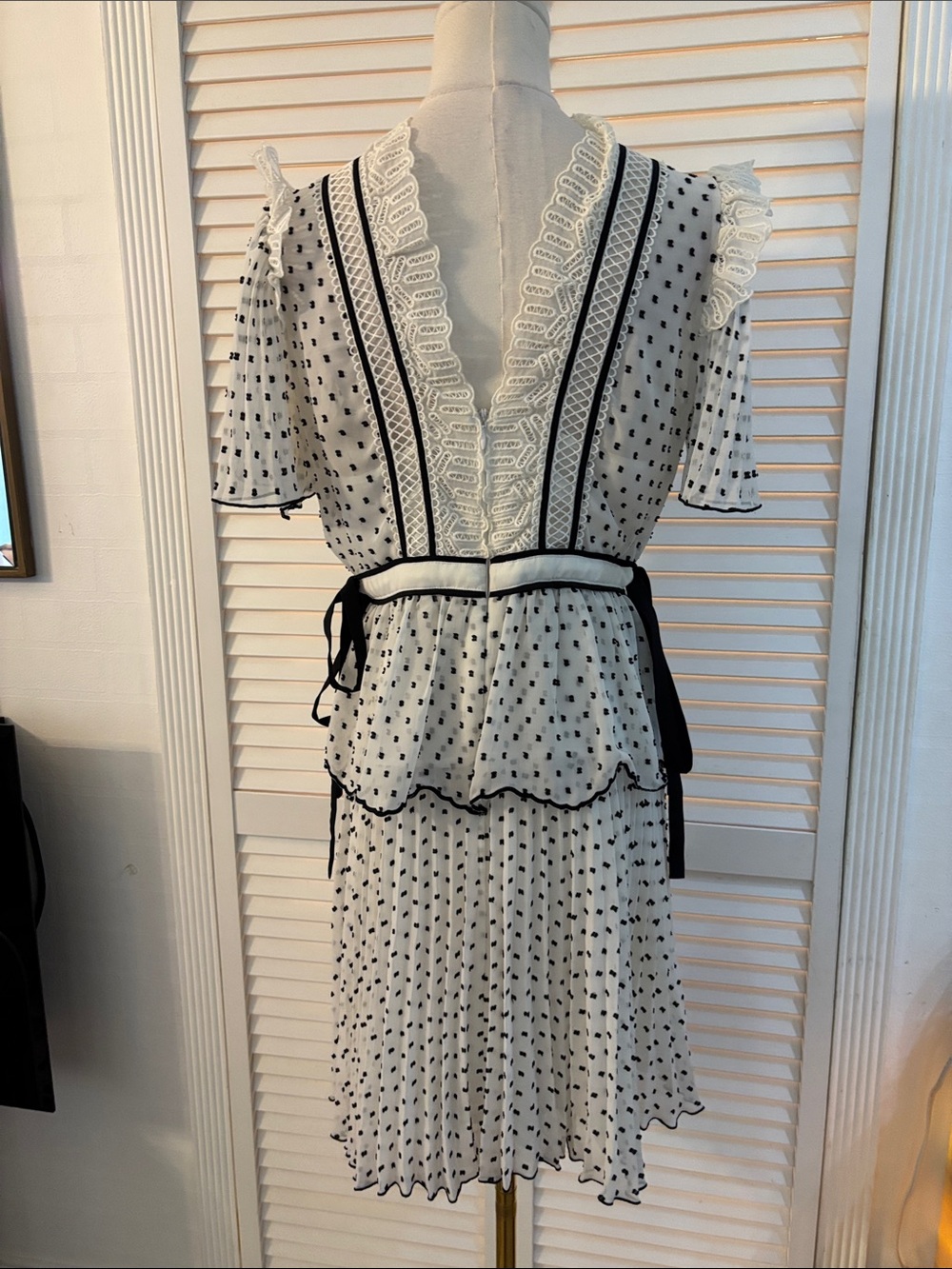 Self-Portrait White Mini Dress with Black Polka Dots and Trim, US8 - Picture 12 of 14